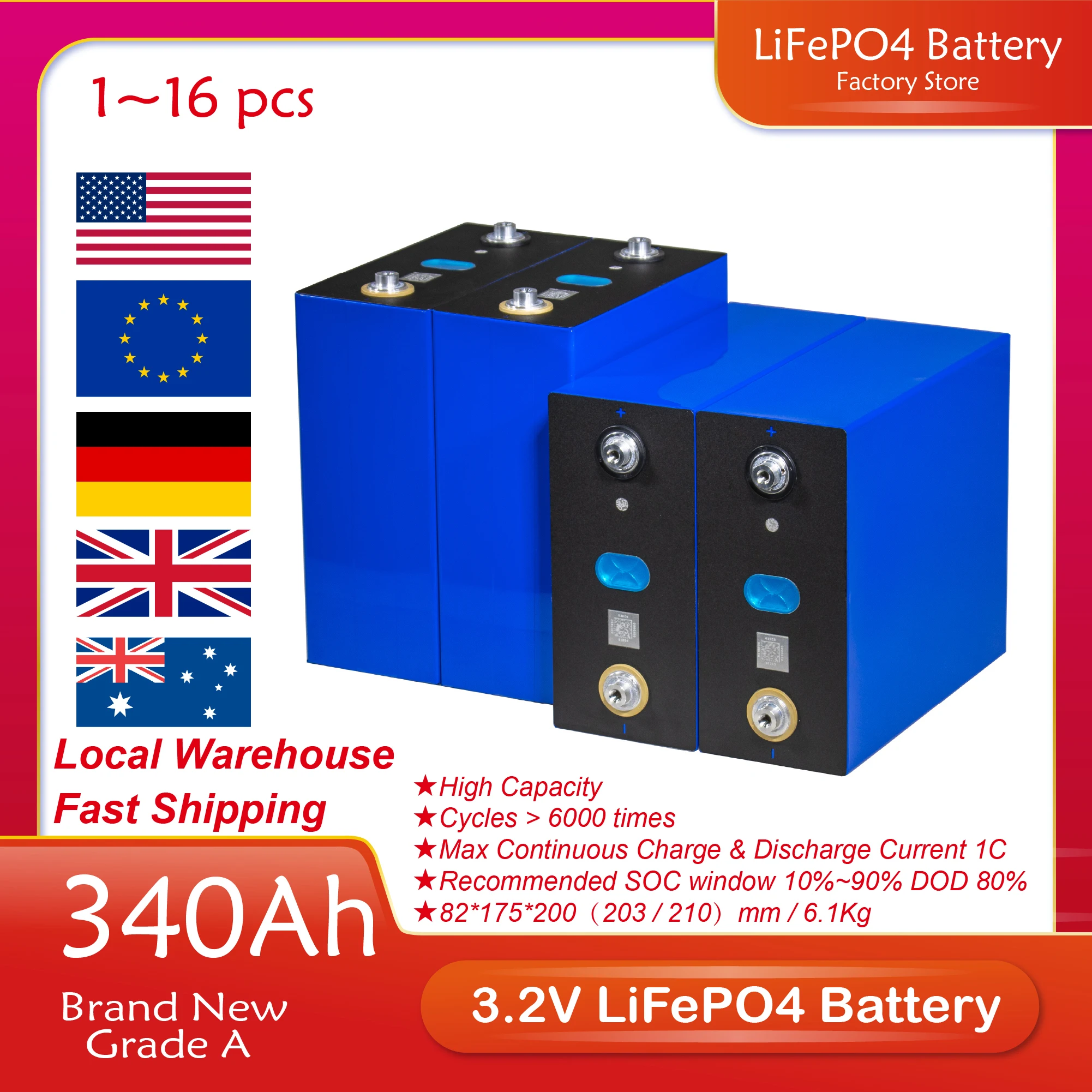 3.2V 340Ah 280Ah LiFePO4 Battery DIY 12V 24V 300Ah 320Ah Lithium Iron Phosphate Batteries Pack For Motorcycle Electric Car Solar
3.2V 340Ah 280Ah LiFePO4 Battery DIY 12V 24V 300Ah 320Ah Lithium Iron Phosphate Batteries Pack For Motorcycle Electric Car Solar