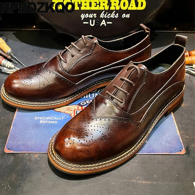 

Мужские классические оксфорды Goodyear, коричневые прочные винтажные туфли из натуральной воловьей кожи на шнуровке и плоской подошве, с круглым носком, броги больших размеров
