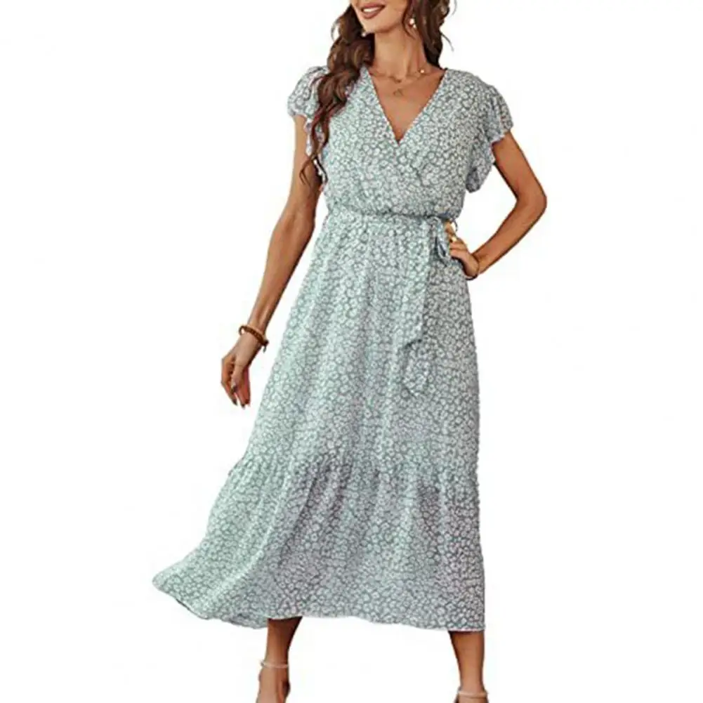 

Lace-up Waist Dress Bohemian Floral Print Midi Dresses with V-neckline Petal Sleeves Ruffle Hem for Summer Streetwear Lace-up
