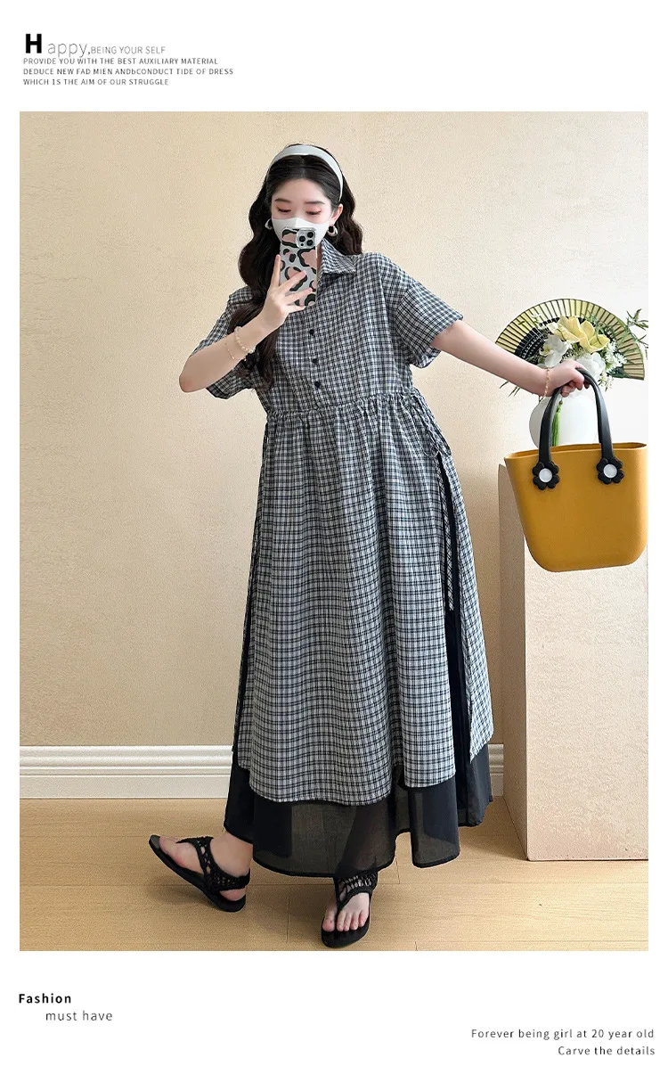 Summer Maternity Dress: Fashionable Checkered Fake Two-Piece Shirt Dress - Stylish & Comfortable Pregnancy Wear for Trendy Moms 10 S5620b0ab60ff439abdf861bdaa13fcf1F