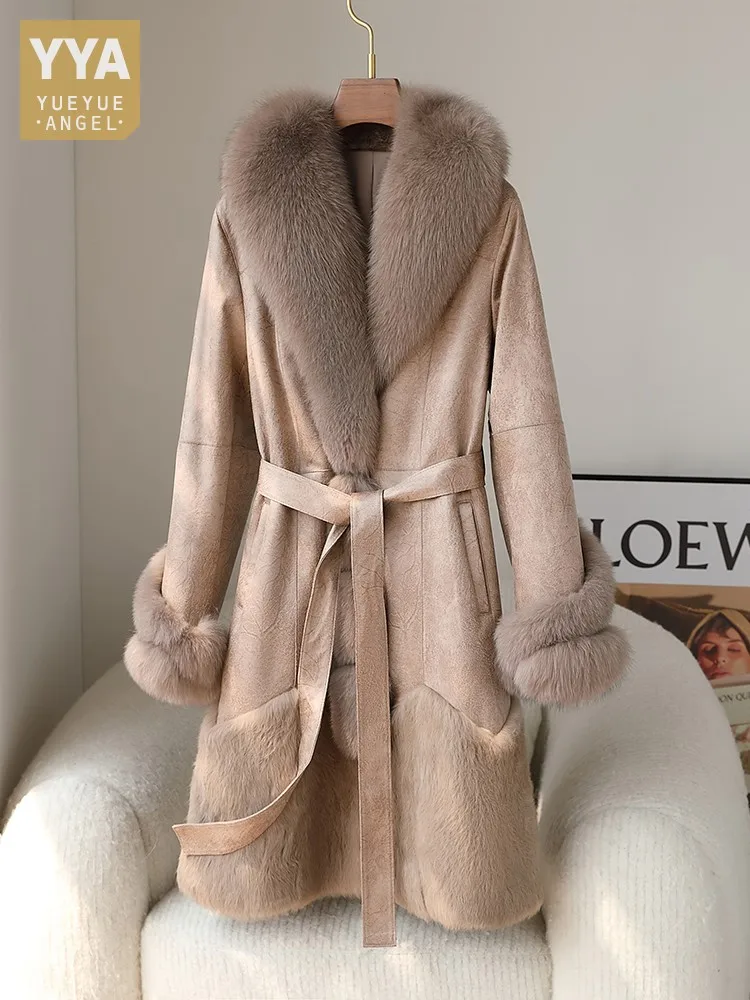 

Overcoat Women Elegant Belted Real Rabbit Fur Jacket Winter Warm Suede Leather Fox Fur Collar Coat Thick Softshell Party Trench