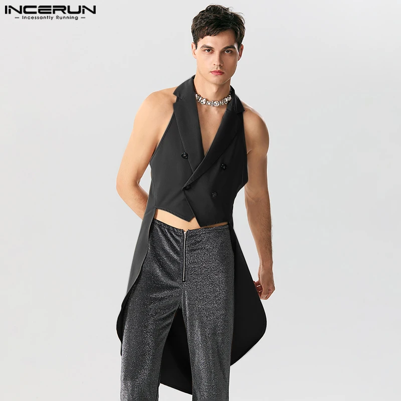 

American Style New Men's Irregular Hem Design Vests Casual Street Long-style Solid Sleeveless Suit Vests S-5XL INCERUN Tops 2023