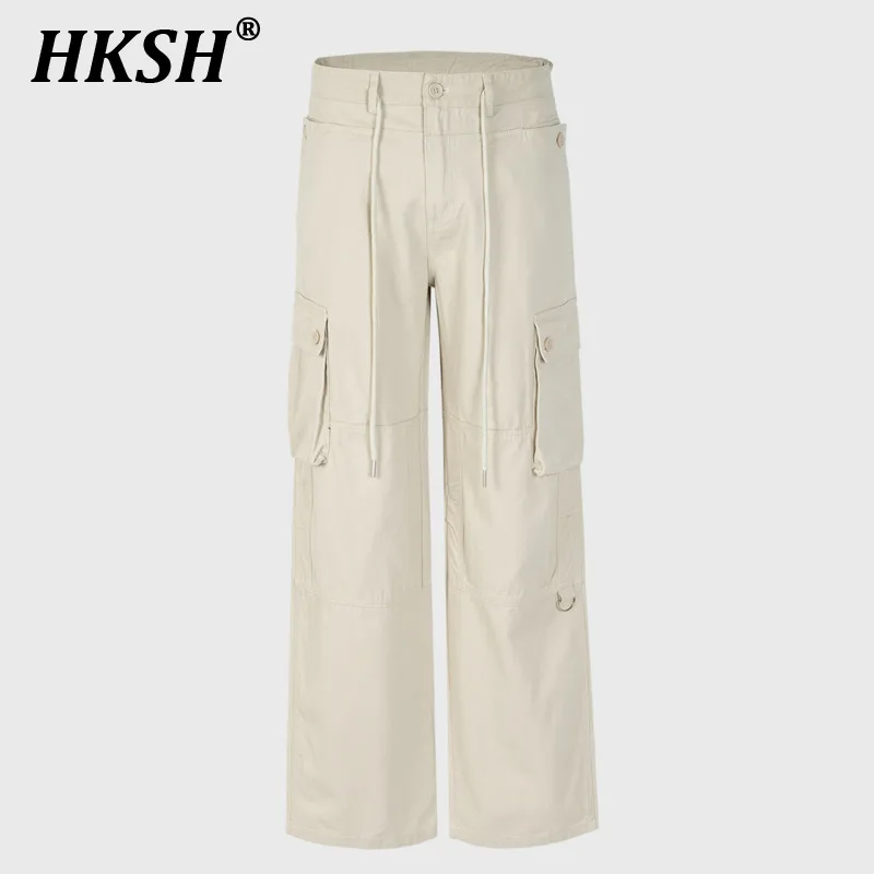 

HKSH Men's Tide Safari Style Urban Multi Pocket Long Casual Pants Apricot Wide Leg Tactical Streetwear Fashion Punk New HK0478