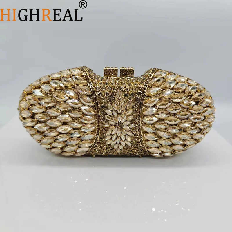 

Bling Crystal Evening Gold Clutch Bags Boutique Unique Oval Shaped Metallic Rhinestone Purses And Handbags Bridal Wedding Party