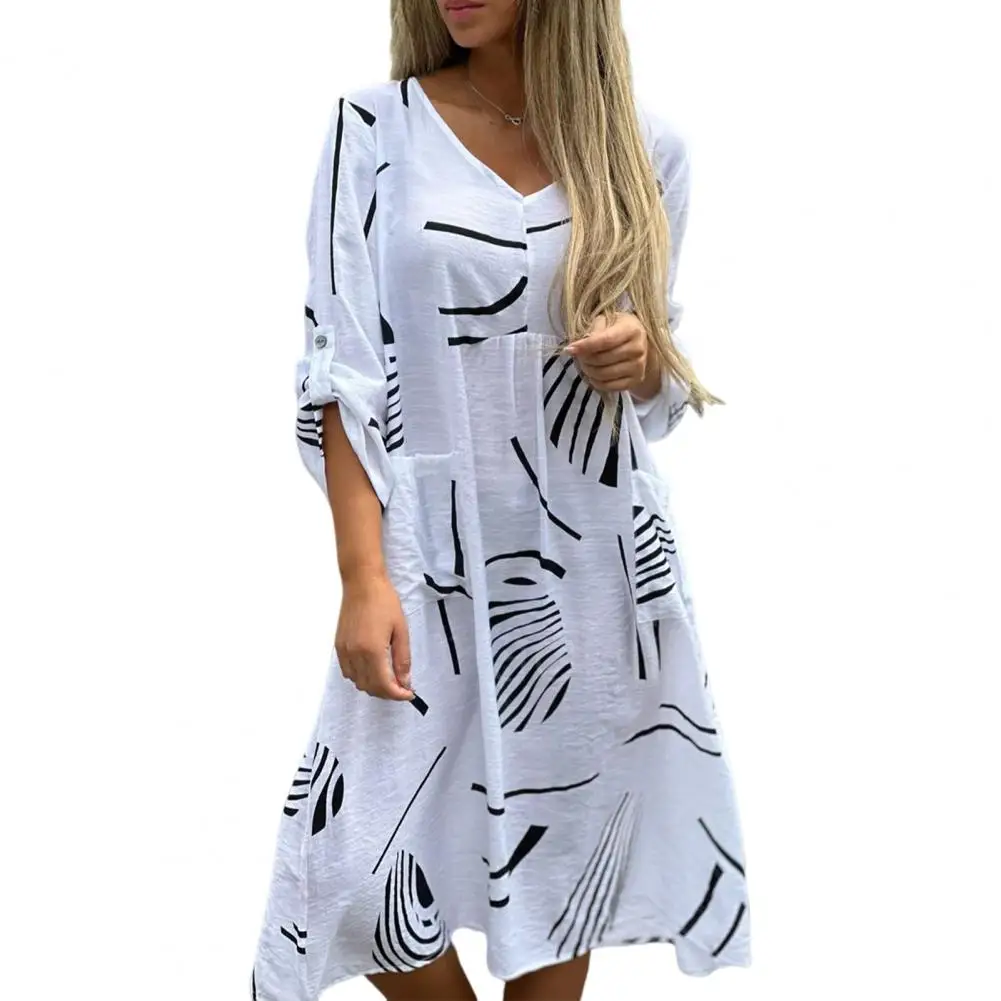 

Lady Dress Stylish Women's V Neck Midi Dress with Three Quarter Sleeves Plus Size Patch Pocket Loose Fit for Casual Daily Wear