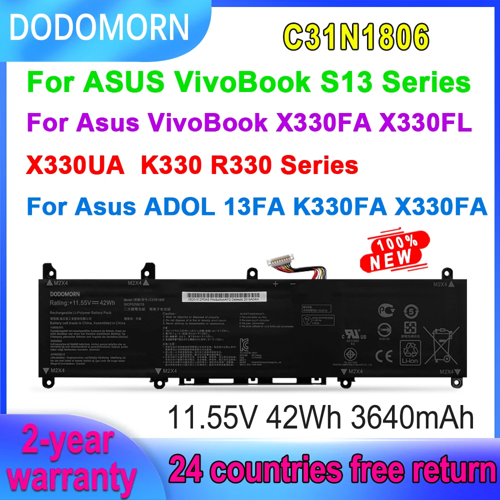 

DODOMORN C31N1806 Laptop Battery For ASUS VivoBook S13 S330FA S330FL X330UA X330FA K330FA K330 R330 3ICP5/58/78 11.55V 42Wh