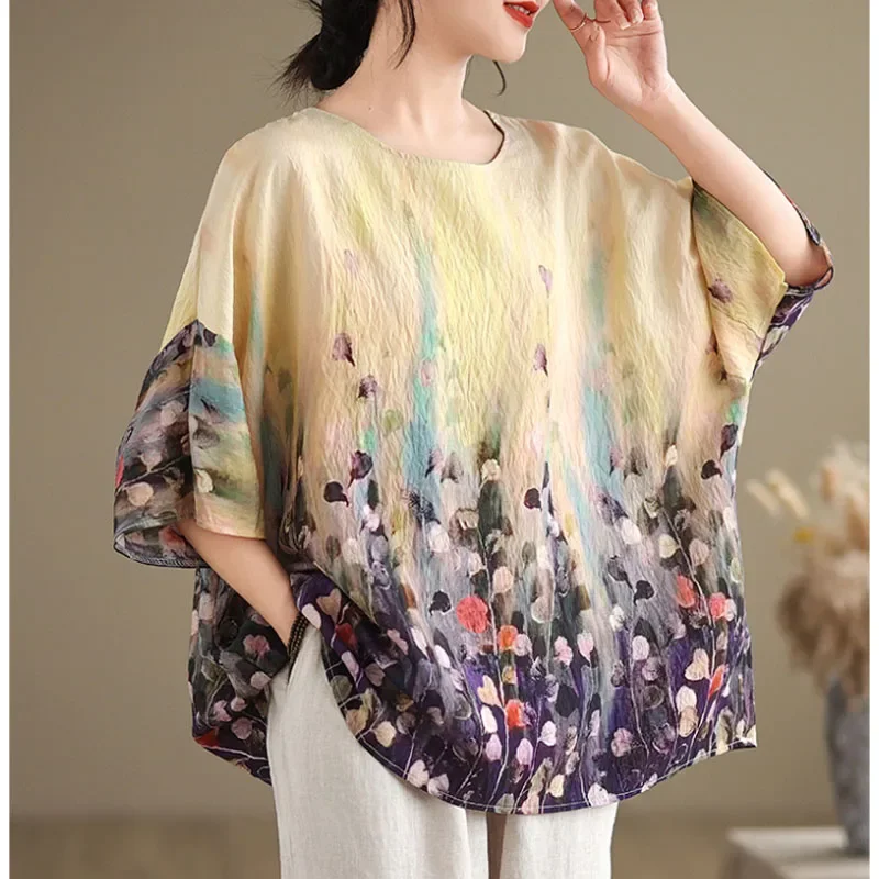 

Women's 2024 New Summer Pullovers Printed Crew Neck Loose Casual Fashion Cotton Ethnic Style Bat Sleeve Commuter T-shirt Tops