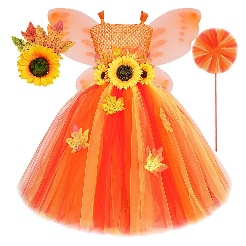 

Children Sunflower Princess Cosplay Costume Kids Girls TUTU Dress Headband Wing Outfits Halloween Carnival Party Suit