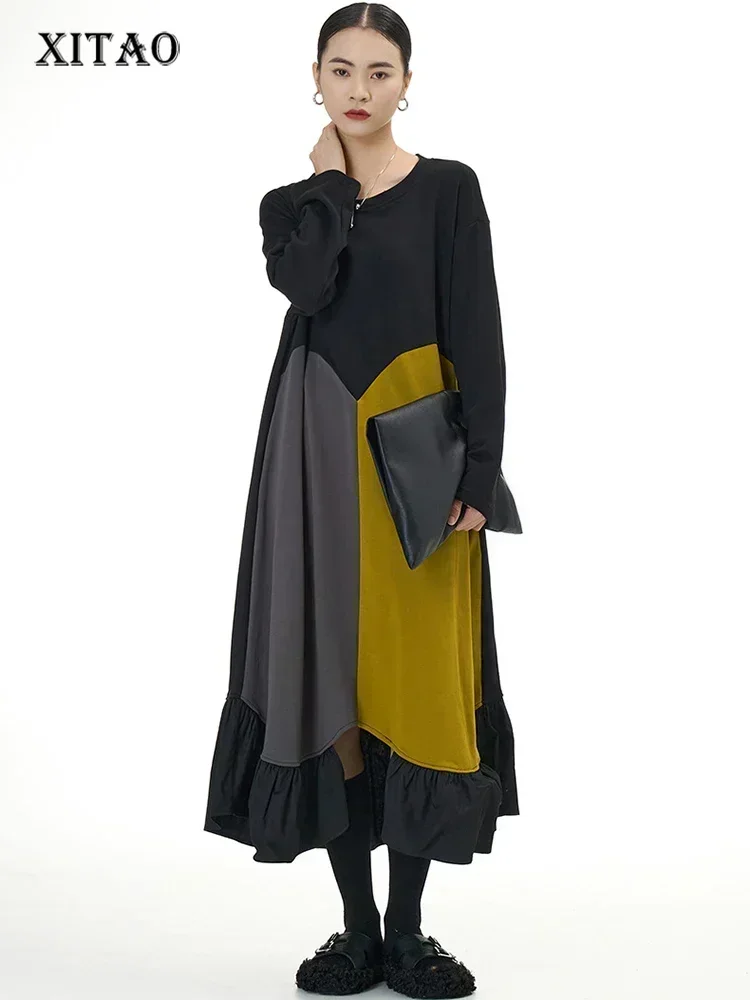 

Свободное Повседневное платье XITAO с круглым вырезом, длинным рукавом, в стиле пэчворк, модный контрастный цвет, новинка весны 2024, женское искусственное платье DMJ2787