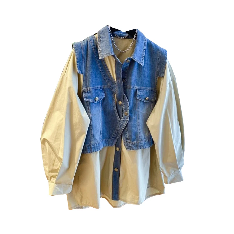 Oversized Loose Denim Vest Patchwork Shirt for Women Autumn Fake Two-piece Tops Streetwear Korean Fashion Shirts
Oversized Loose Denim Vest Patchwork Shirt for Women Autumn Fake Two-piece Tops Streetwear Korean Fashion Shirts