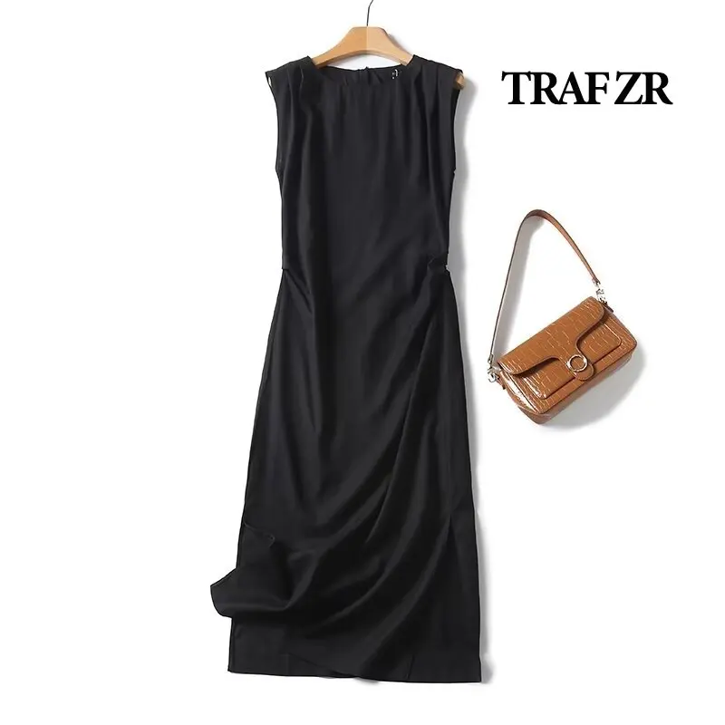 

TRAF ZR Holiday Dress 2024 Sleeveless O-neck Side Slit Midi Red Fashion Summer Dresses 2024 Elegant Gown Evening Dresses Robe