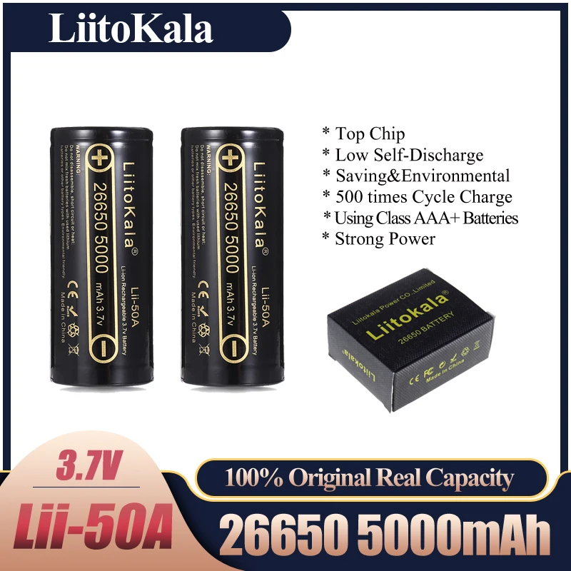 

Liitokala Lii-50A 26650 5000mAh High Capacity 26650-3.7V Lithium Battery For Flashlight Power Bank Li-Ion Rechargeable Batteries