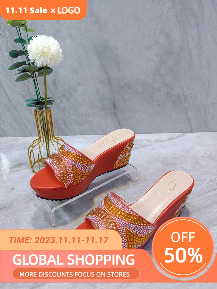 

Colorful Rhinestone Wedge Mules Women Summer Shoe 177-18 Slip on Parti Shoe Lady Wedge Heel Nigerian Party Shoe Designer Sandal