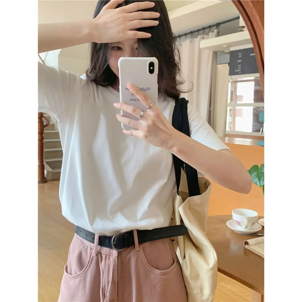 Women Short Sleeved T-shirt 100% Pure Cotton White Loose Casual Top Inner Layer Solid Color Spring Clothing Summer New 2021
Women Short Sleeved T-shirt 100% Pure Cotton White Loose Casual Top Inner Layer Solid Color Spring Clothing Summer New 2021