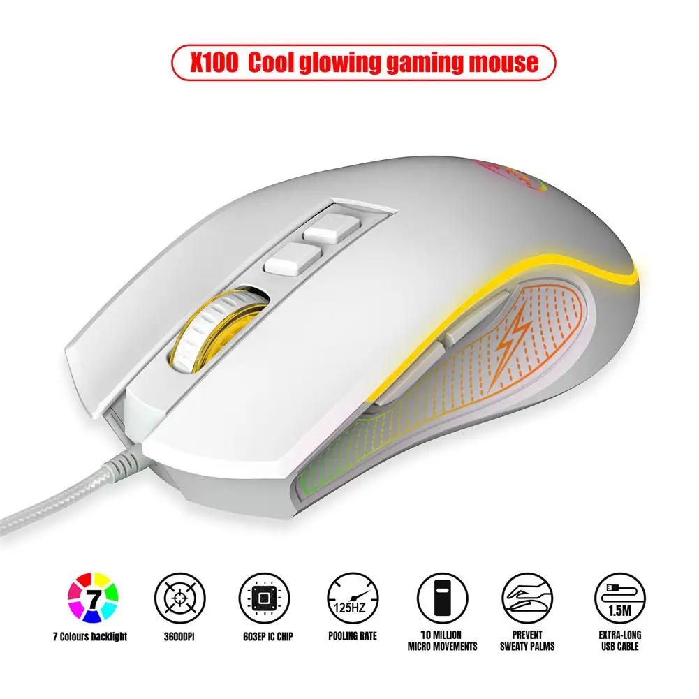 X100 Wired Optical Game Mouse Colorful Luminous 1200-1800-2400-3600dpi Adjustable E-sports Office Mouse for MOBA/FPS Games
X100 Wired Optical Game Mouse Colorful Luminous 1200-1800-2400-3600dpi Adjustable E-sports Office Mouse for MOBA/FPS Games