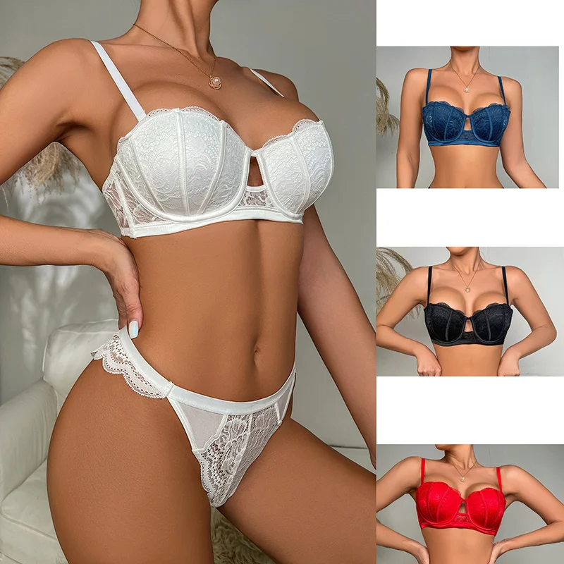 

Sexy Lace Underwire Push Up Lingerie Contour Bra And Panty Sets For Women 1/2 Cup Gathering Chest Underwear Hollow Out Bralette