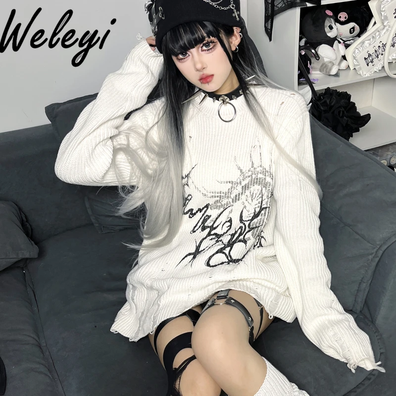 

Kawaii Y2k Neutral Knit Sweaters Sweet 2024 Autumn and Winter Wild Sub Culture Fashion Brand Streetwear Loose Hole Pullovers Top