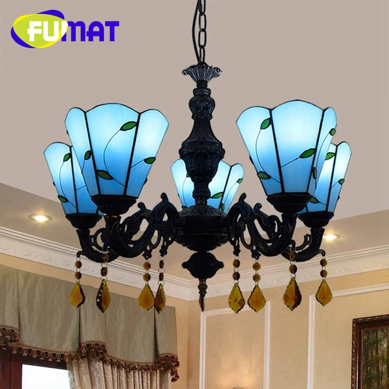 

FUMAT Tiffany style stained glass simple blue Mediterranean 5 crystalPendant lamp living room dining room bedroom LED decor