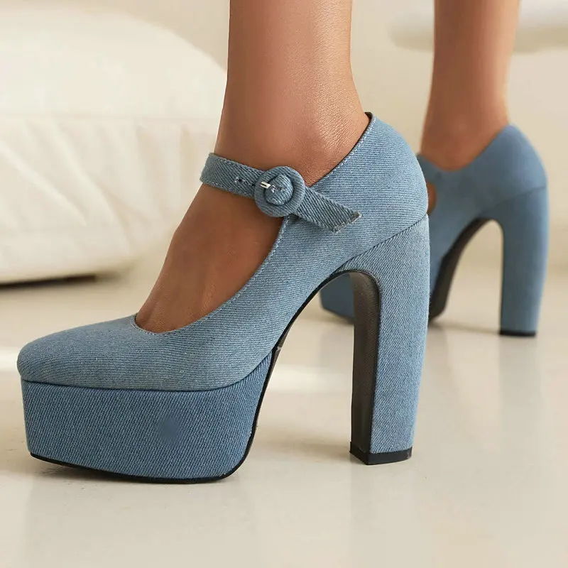 

2023 Autumn Spring Mature Lady Shoes Denim Jeans Blue Color Closed Toe Buckle Strap Strange Thick High Heels Mary Janes Pumps