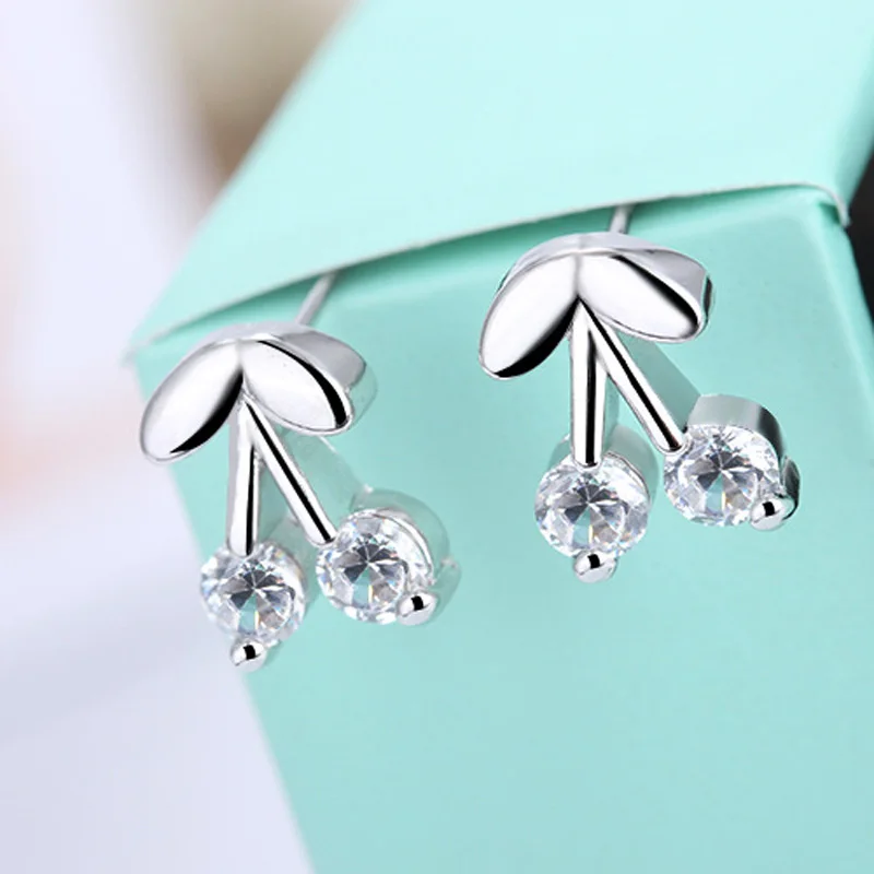 

Delicate Crystal Cute Temperament Cherry Stud Earrings for Women Korean Classic Style Fashion 925 Silver Needle Earrings New