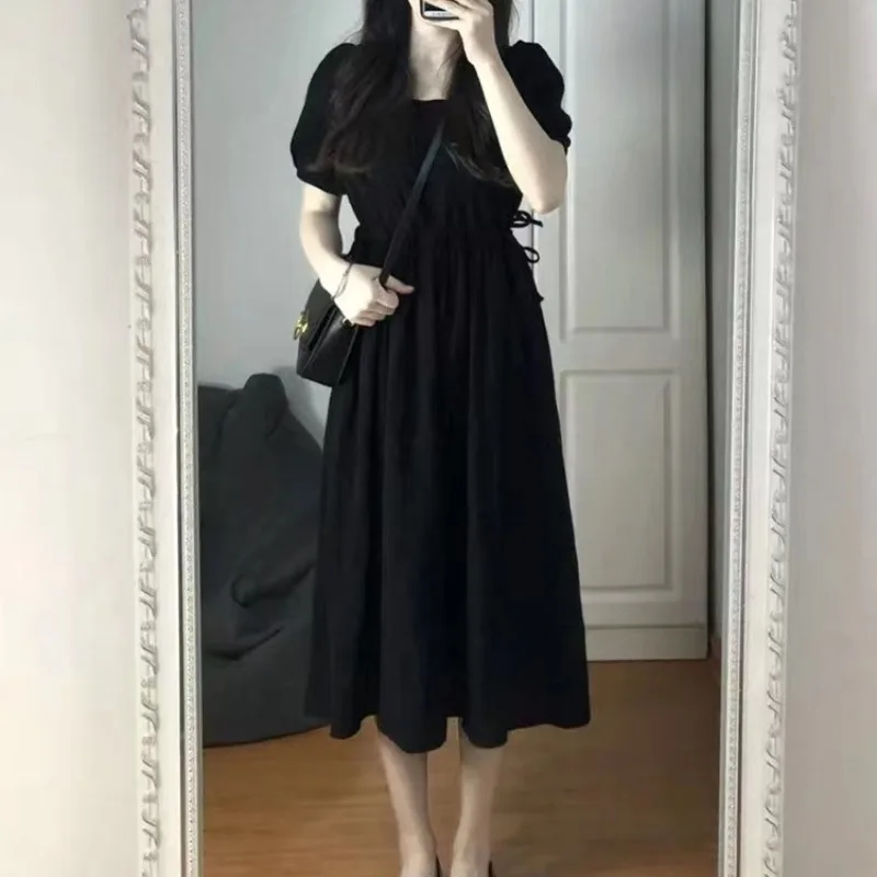 

Women's Summer Solid Square Collar Pullover Shirring Drawstring Bow Bandage Short Sleeve Casual Loose Fitting Vintage Knee Dress