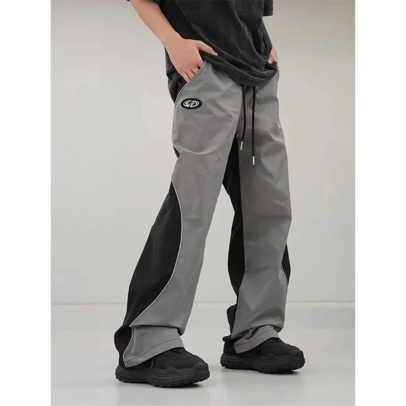 

American high street retro contrasting color splicing quick-drying sports pants functional wide-leg men and women casual pants