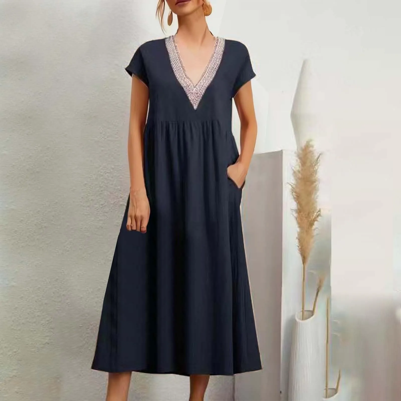 

Женское длинное платье с V-образным вырезом, кружевное свободное платье-трапеция без рукавов, Женская Повседневная модная пляжная одежда в стиле бохо, лето 2024