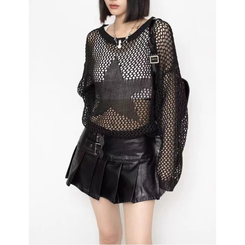 

Women Long Sleeve Sexy for T Shirt Sexy Hollow Grid Tops Loose Mesh for Sun for Protection Jumper Crew Neck Pullover Swea