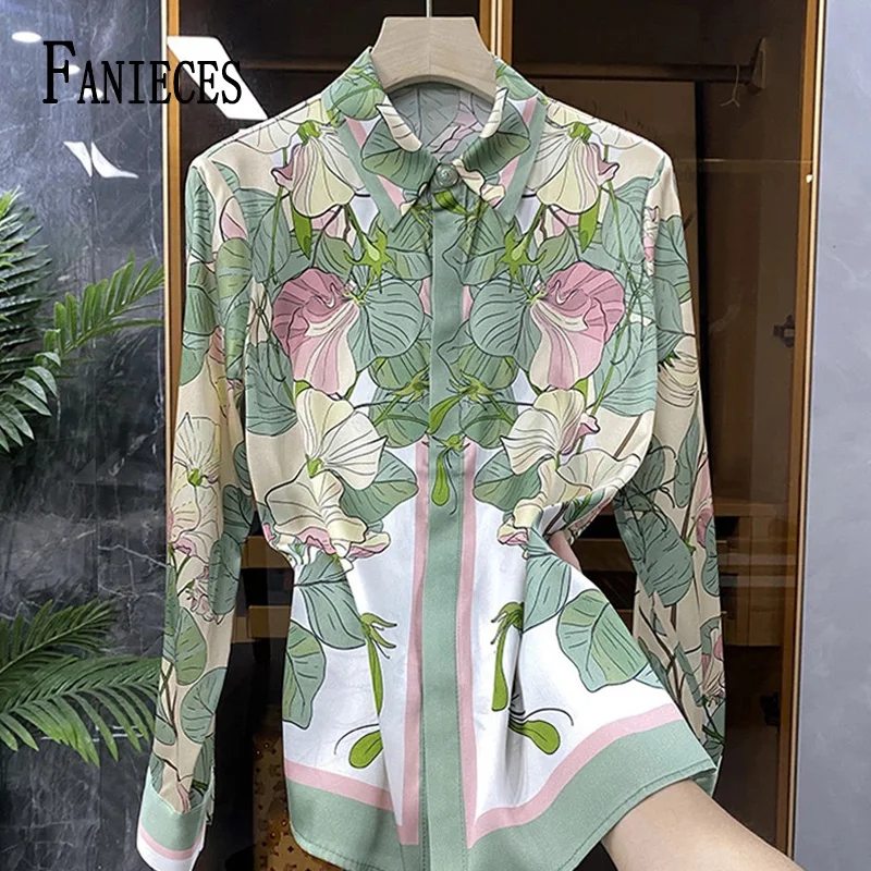 

FANIECES Satin Shirt Plus Size Casual Tops Summer Long Sleeve Lapel Fashion Printing Women's Blouse Blusas Mujer Roupas Feminina