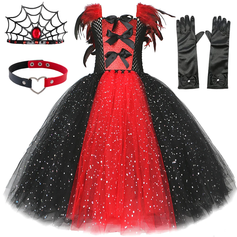 

Блестящий костюм королевы вампира-демона для девочек, длинное платье-пачка на Хэллоуин, Детский карнавальный наряд, одежда с готическими перьями