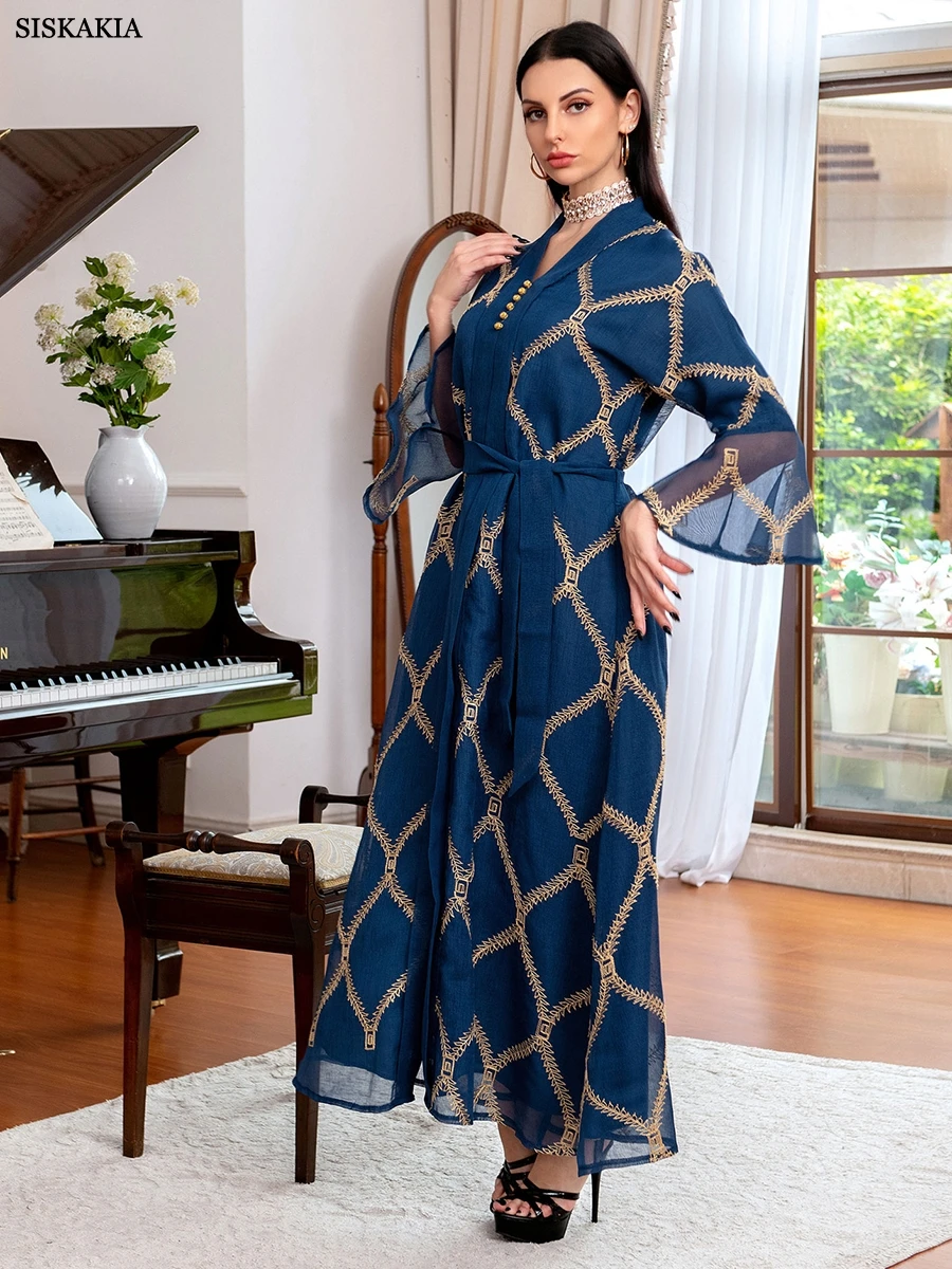Siskakia Fashion Chic Mesh Kaftans Woman Embroidery Solid Flare Sleeve V-Neck Belted Clothing Moroccan Evening Long Dress 
Siskakia Fashion Chic Mesh Kaftans Woman Embroidery Solid Flare Sleeve V-Neck Belted Clothing Moroccan Evening Long Dress