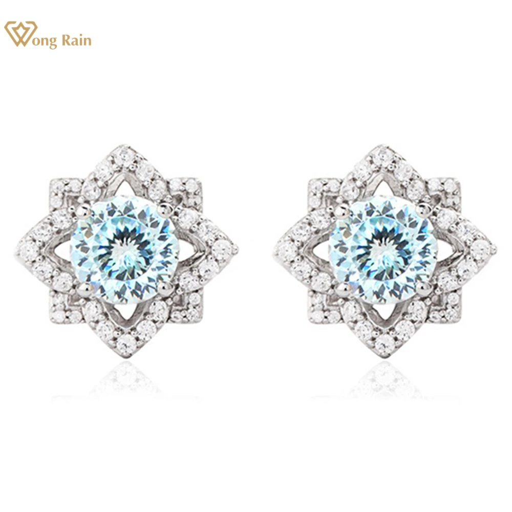 

Wong Rain Romantic 925 Sterling Silver Round Cut Aquamarine High Carbon Diamond Gemstone Flower Ear Studs Earrings Fine Jewelry