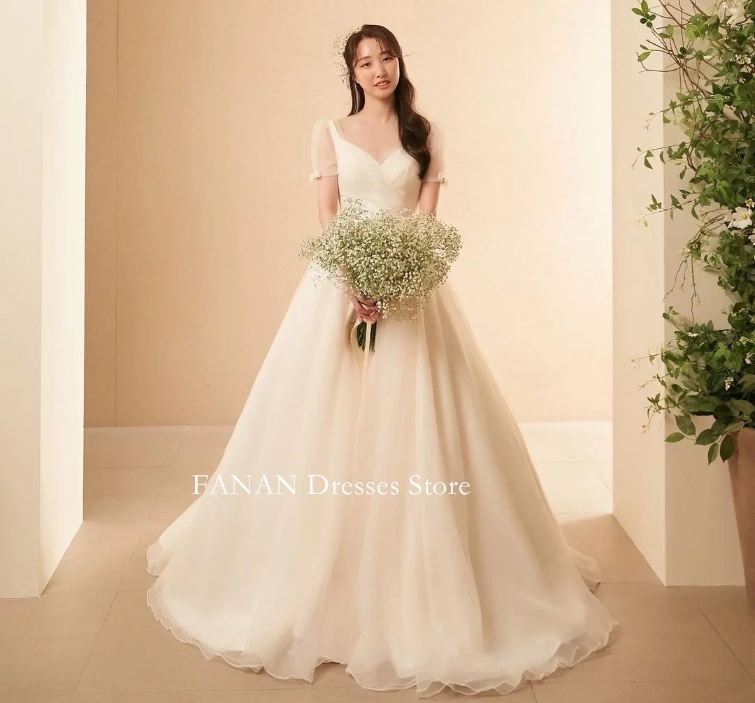 

FANAN V-Neck Korea Ivory Organza Corset Ruched Garden Wedding Dresses 웨딩드레스 A-Line Custom Made Elegant Bride Gowns Plus Size