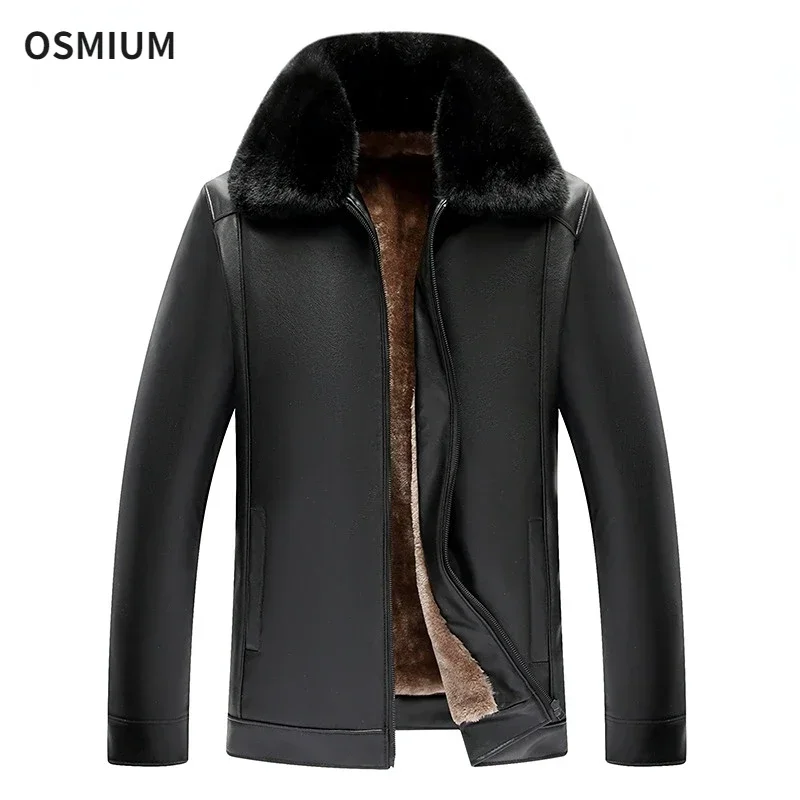 

Men Thick Faux Fur Collar Business Casual Black PU Jacket Oversize Boys Long Sleeve Zip Up Winter Outerwear Fur Coat 4xl 5xl