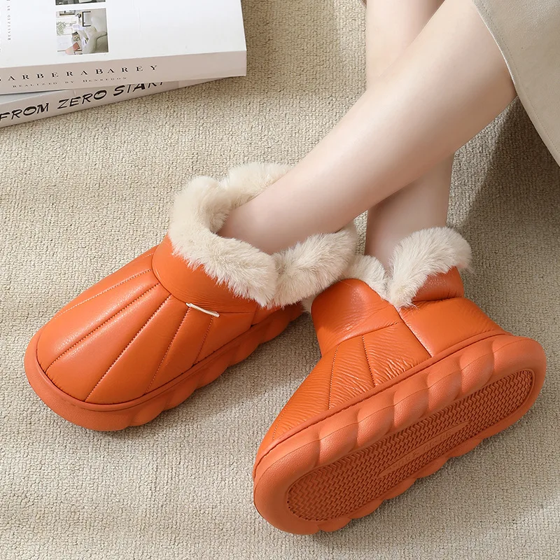 

Feerldi Couples Orange Short Ankle Slippers Home Fur Fluffy Slides Indoor Anti Skid Woman Slip On Thick Heeled Women Ankle Boots