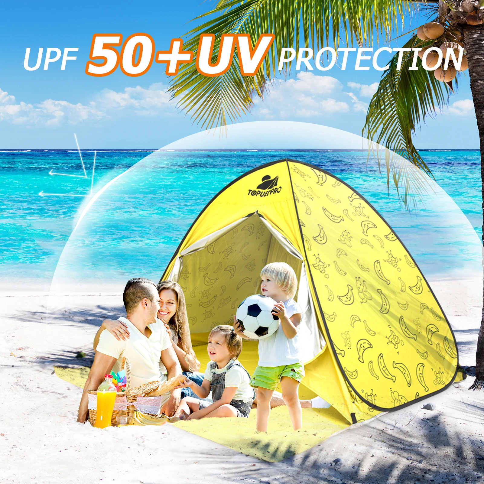 

TOPUEDPRO，Beach Tent XL for 4 Person with Door Curtain, Sun Shade, UPF 50+ Portable Baby Shelter, Pop Up Instantly 2.95Lbs