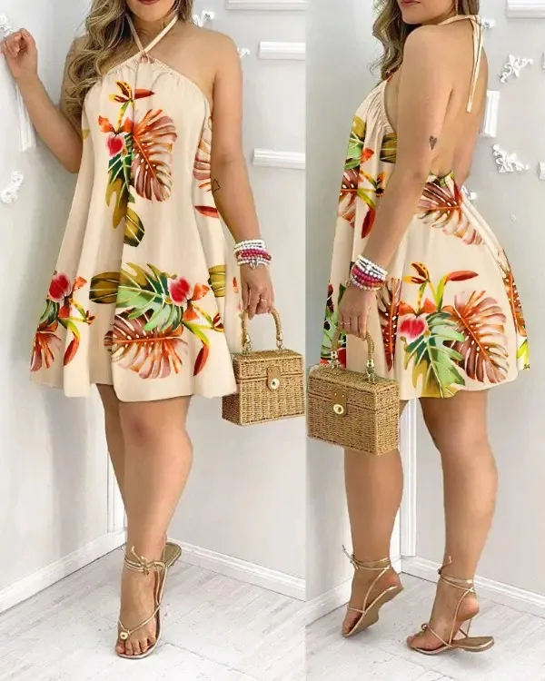 

2024 Sexy Spring Summer Women Dress Tropical Print Halter Neck Dress Backless Dress For Off Shoulder Neck Tie With Loose Straps