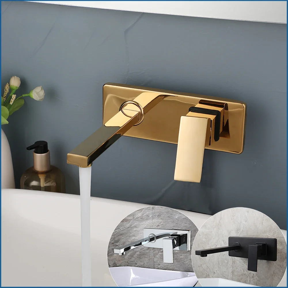 

Golden Plated Bathroom Sink Faucet Wall Mounted Brass Basin Faucets Tap Concealed Crane Hot& Cold Water Black Mixer