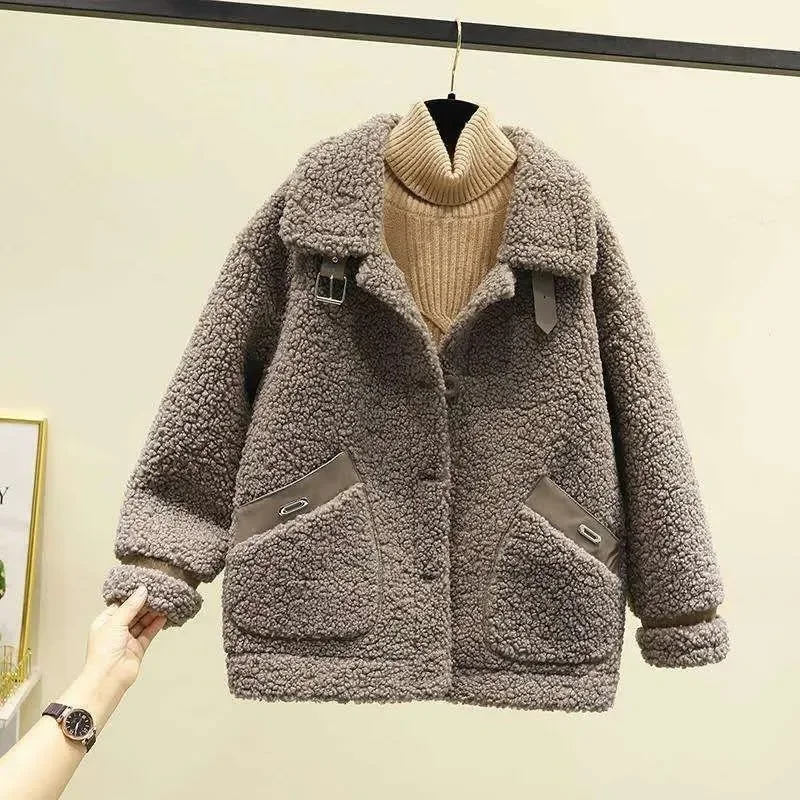 

Thick Lamb Wool Coat Women Jacket 2022 Winter New Single Breasted Loose Grain Velvet Pocket Fur All-in-one Short Cardigan Female