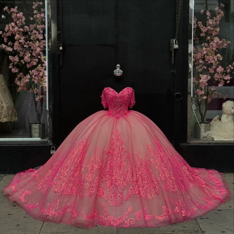 

Rose Red Glitter Quinceanera Dress Off The Shoulder Ball Gown Lace Applique Beading Tull Corset Sweet 16 Vestido De 15 Anos