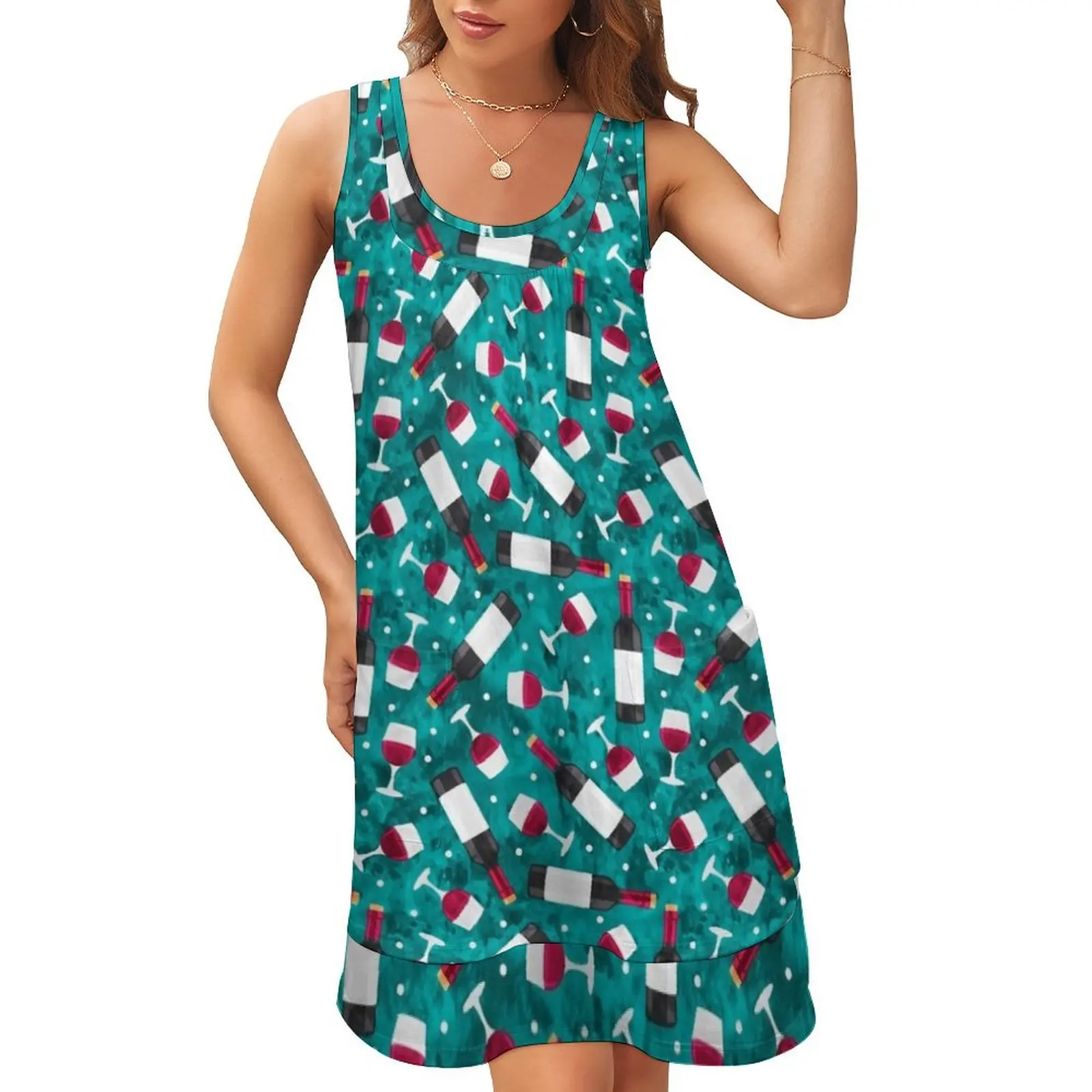 Red wine - wine glasses and bottles - teal Sleeveless U-Neck Fake Two Piece Dress summer outfits for women 2024
Red wine - wine glasses and bottles - teal Sleeveless U-Neck Fake Two Piece Dress summer outfits for women 2024