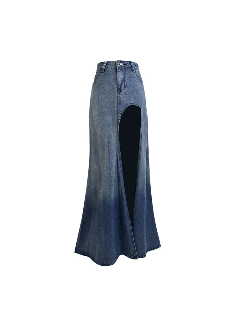 

Women Blue Denim Skirt Y2k Long Skirt Harajuku Korean 90s Fashion Vintage A-line Jean Trumpet Skirt with Slit 2000s Clothes 2023