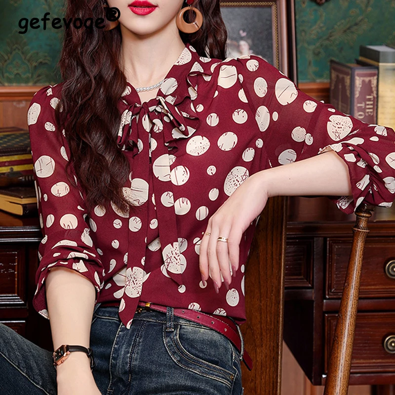 

Women's Korean Fashion Ruffles Lace Up Bow Blouse Vintage Polka Dot Print Sweet Chic Shirt Long Sleeve Loose Tops Casual Blusas