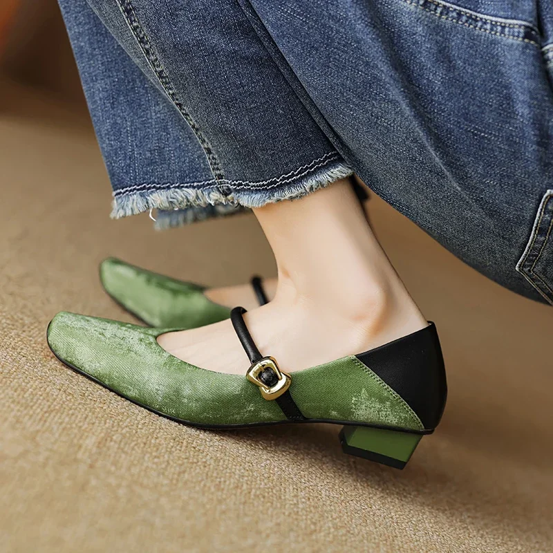 

2024 new spring women pumps natural leather shoes 22-24.5cm sheepskin+pigskin square toe mixed colors buckle Mary Jane shoes