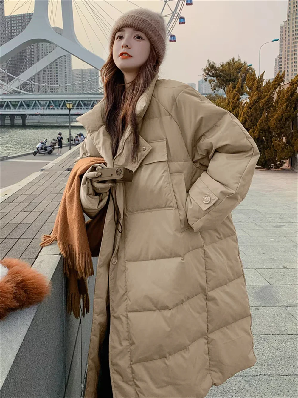 

Korean Version of Street Standing Collar Cotton Jacket for Women in Winter, New Thickened Mid Length Loose Knee Down Cotton Jack