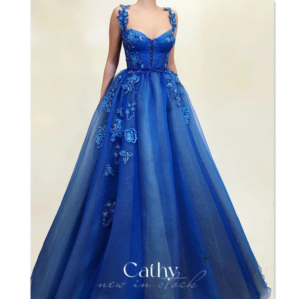 Cathy Sapphire Blue Prom Dress Spaghetti Strap Evening Dress Glitter Organza فستان سهرة Lace Embroidery Party Dresses 
Cathy Sapphire Blue Prom Dress Spaghetti Strap Evening Dress Glitter Organza فستان سهرة Lace Embroidery Party Dresses