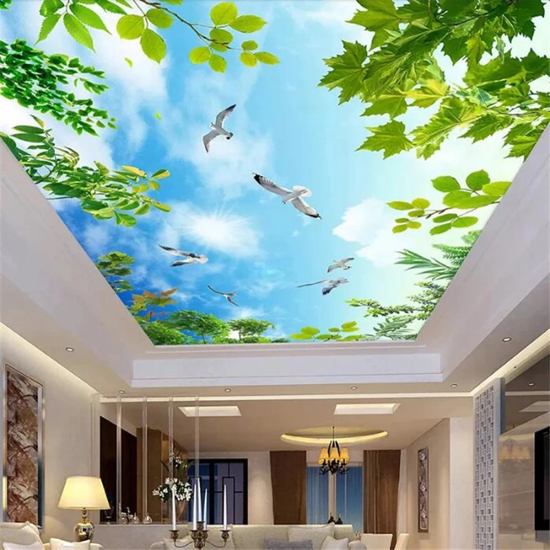 

3d wallpaper custom mural atmosphere beautiful blue sky white clouds green leaves ceiling decoration living room bedroom обои