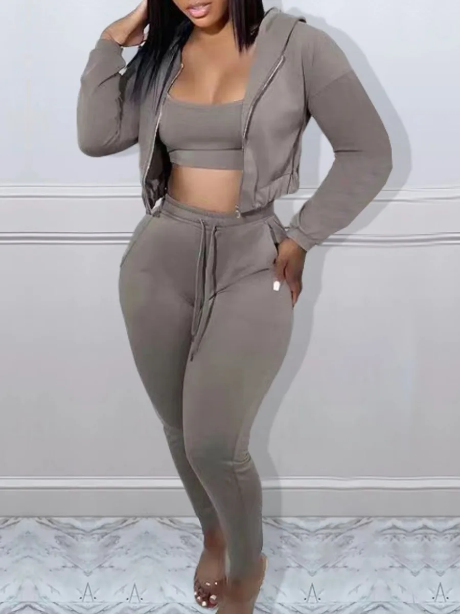 

LW BASICS Three Piece Pants Set Plain 3 piece Sportwears Hooded Collar Zip Jacket&Crop Cami&Drawstring Casual Regular Fit Pants