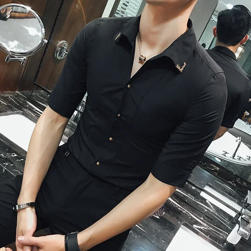 

Men Luxury Brand 2023 Male Half Sleeve Hawaiian Shirts Casual Metal Buckle Hit Color Slim Fit Black Men's Dress Blouses