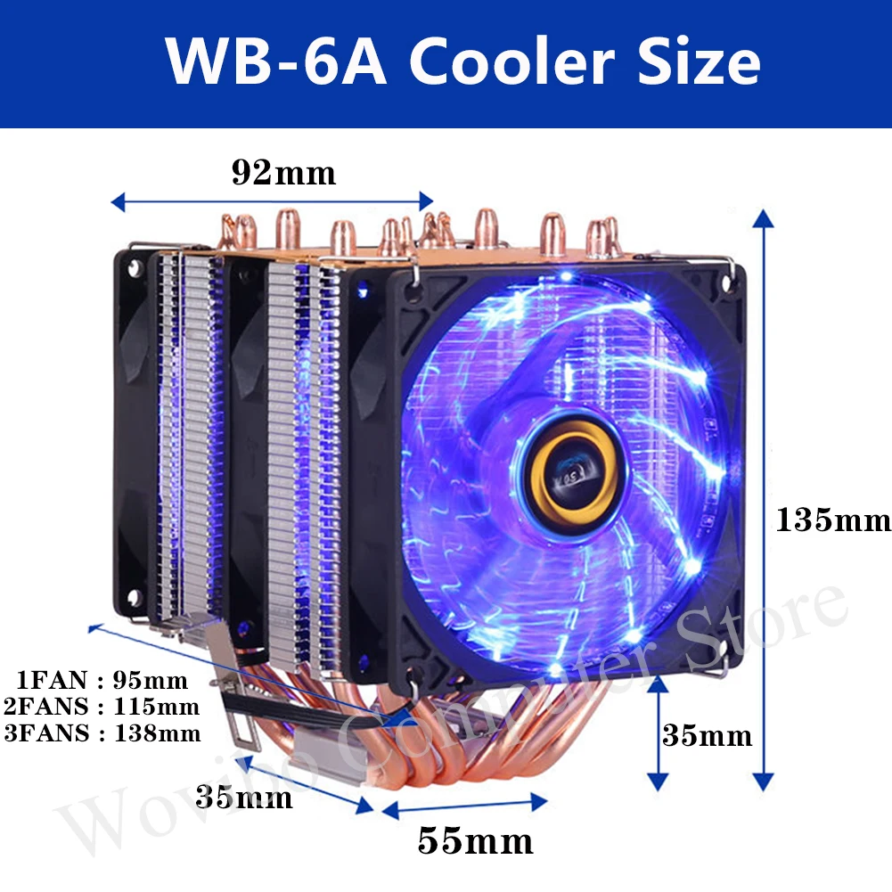 Generic 6 Heatpipes RGB CPU Cooler Radiator Silent PWM 130W For Intel